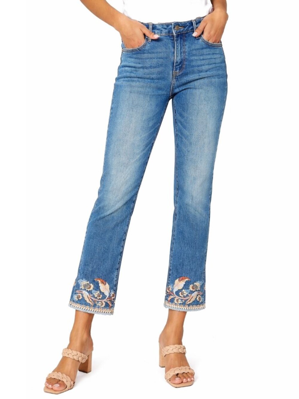 Driftwood Colette Straight Cropped Embroidered Ankle Jeans 30
